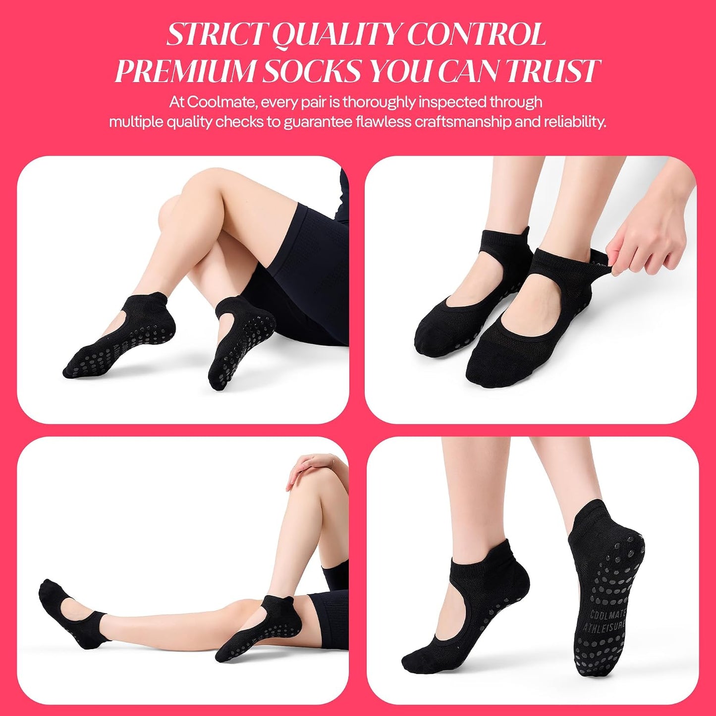 COOLMATE Pilates Socks with Grips for Women, Yoga Socks, Crew Non Slip Women for Barre, Pilates Gifts for Women - Colors B