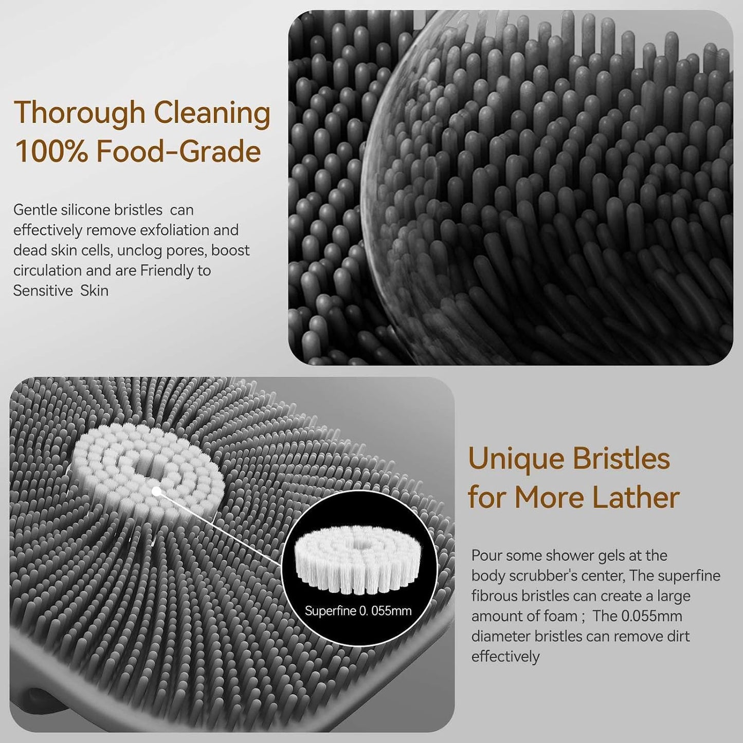 Zinc Infused Silicone Body Scrubber for Men, New Upgrade Deep Exfoliating Body Scrubber for Shower, Silicone Loofah Men for Sensitive Skin with Lathering Bristles and Ergonomic Non-Slip Handle (Gray)
