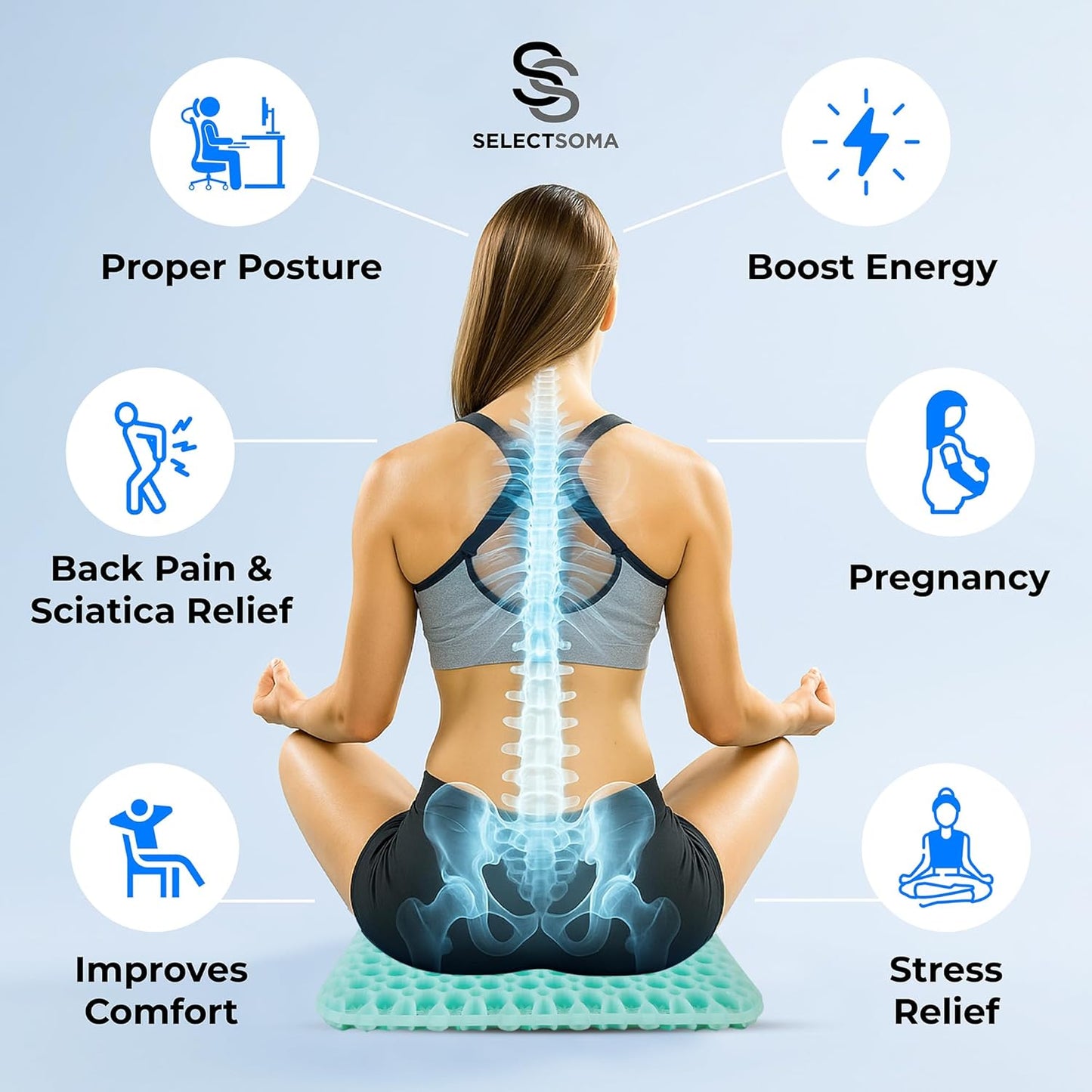 SelectSoma Double-Thick Gel Seat Cushion for Long Sitting Pressure Relief for Back, Sciatica, Coccyx, Tailbone Pain - Cushion for Airplane Travel, Office Chair, Wheelchair, Car & Truck - Egg Seat Pad