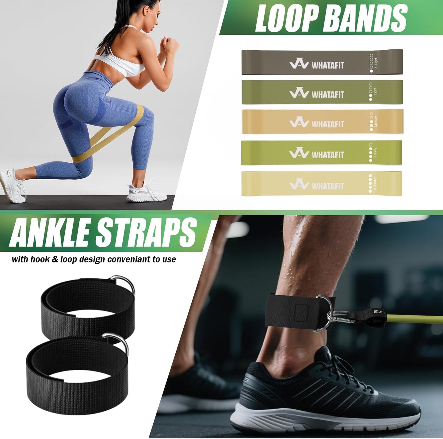 WHATAFIT Resistance Bands, Exercise Bands, Workout Bands with Handles, Door Anchor and Ankle Straps, 5 Resistance Levels Fitness Bands for Strength Training, Physical Therapy, and Home Gym Equipment