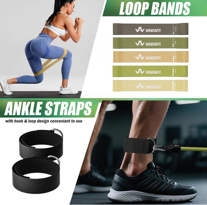 WHATAFIT Resistance Bands, Exercise Bands, Workout Bands with Handles, Door Anchor and Ankle Straps, 5 Resistance Levels Fitness Bands for Strength Training, Physical Therapy, and Home Gym Equipment
