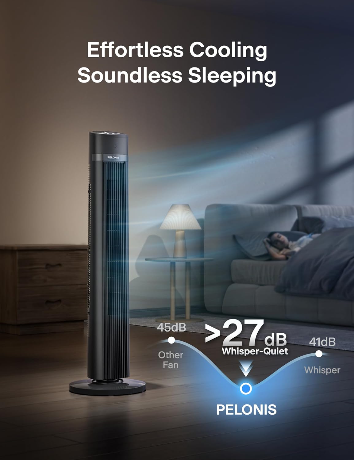 PELONIS 40 inch Bladeless Tower Fan for Bedroom, Standing Fan with Remote Control, 26ft/s, 90° Oscillation, 3 Speed Settings, 27dB, 3 Modes, 15-Hour Timer, LED Display, Fan that Blows Cold Air, White