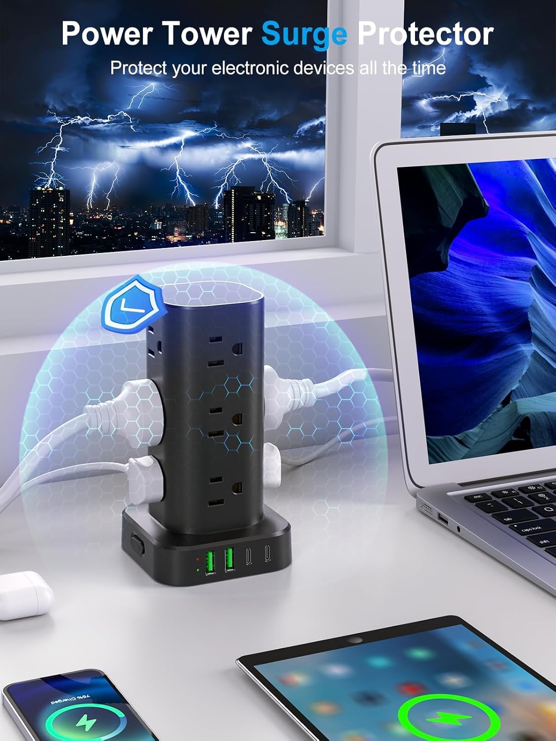 6FT Power Strip Tower Surge Protector, 12 Wide Spaced Outlets, 4 USB