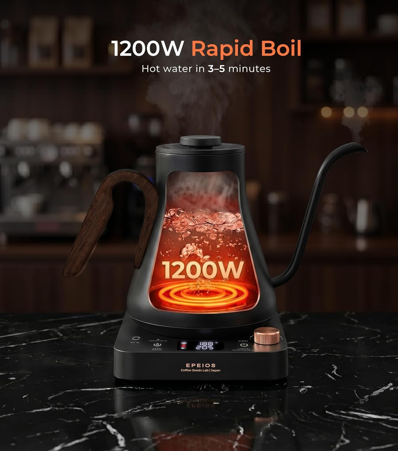 Epeios Electric Kettle, Gooseneck Electric Kettle with ±1°F Temperature Control, 1200W Rapid Heating for Pour Over Coffee & Tea, 304 Stainless Steel Interior, Auto Shut-Off, 0.9L, Black