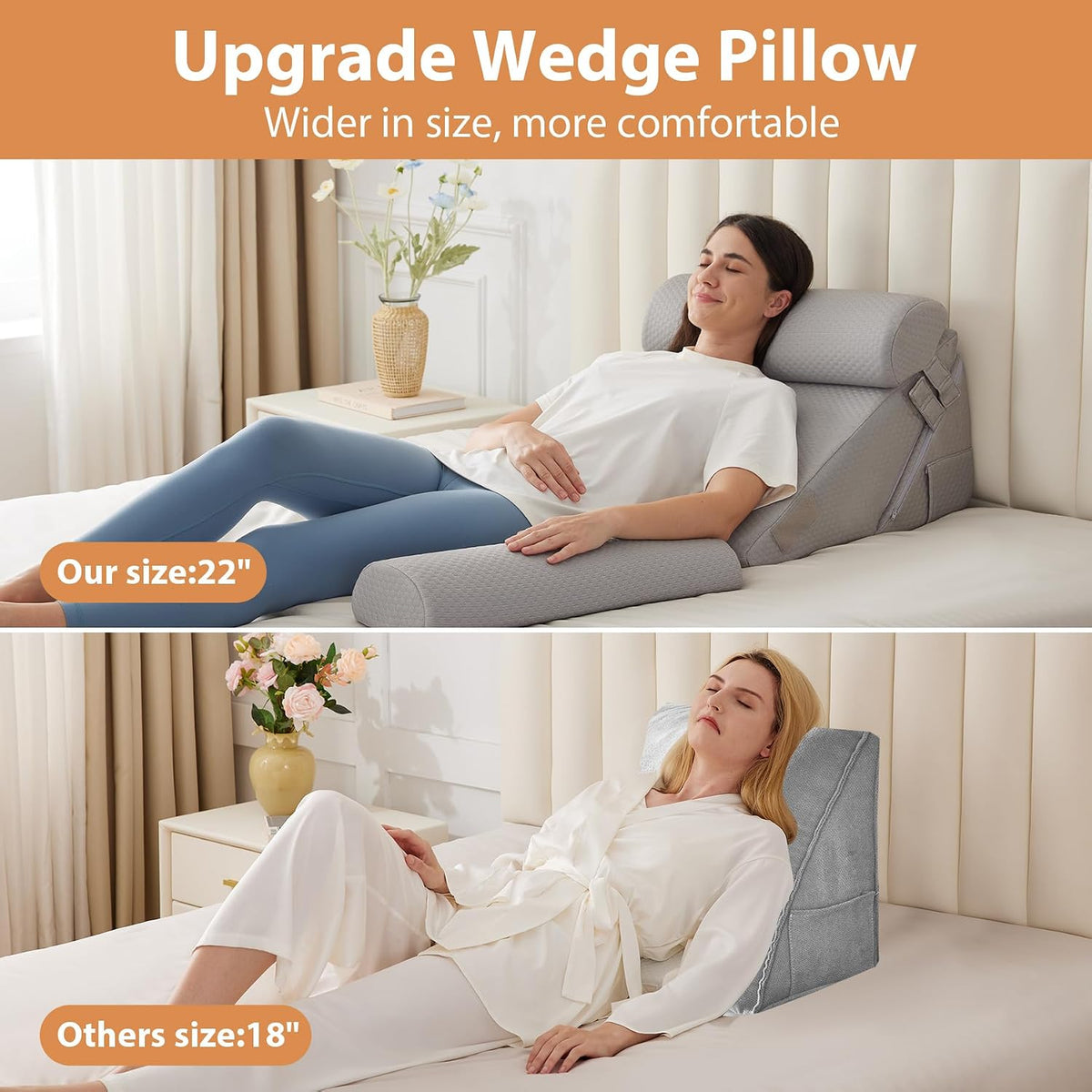 BIEEZZK Wedge Pillow Set for After Surgery, Wedge Pillow for Acid Reflux, Bed Wedge Pillow with Adjustable 9&12inch for Headboard,Sleeping, Orthopedic Memory Foam for Neck&Back Support, White/Grey