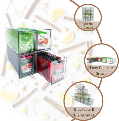 AZEZO 4-Pack Tea Bag Drawers Organizer - 4 Clear Plastic Drawer Tea Bag Holder; Stackable & Portable; Wider Size; Well-Organized Storage for Tea Bags & Kitchen Essentials