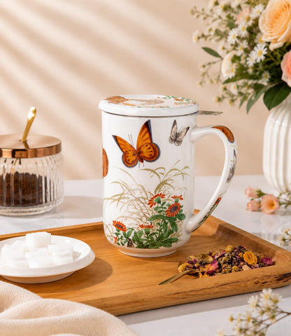AmorArc Porcelain Tea Mug with Infuser and Lids, 18 Oz Large Cup Strainer with Bag Holder for Loose Leaf Tea, Steeping Coffee Mug for House-warming Wedding Birthday Gift