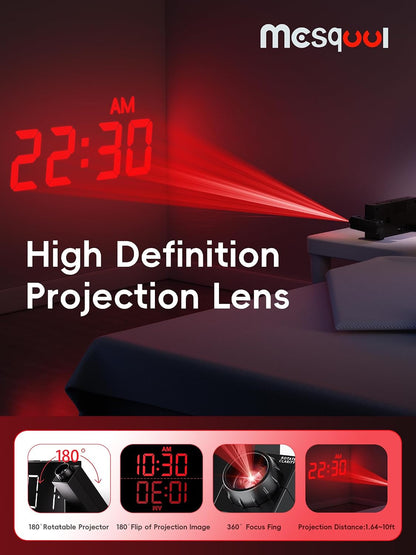 Digital Projection Alarm Clocks for Bedrooms - Large LED Display, 180° Rotatable Projector, 5-Level Dimmer,USB Charger,Battery Backup,Loud Dual Alarms for Kids Elderly,Heavy Sleepers,Snooze,12/24H,DST
