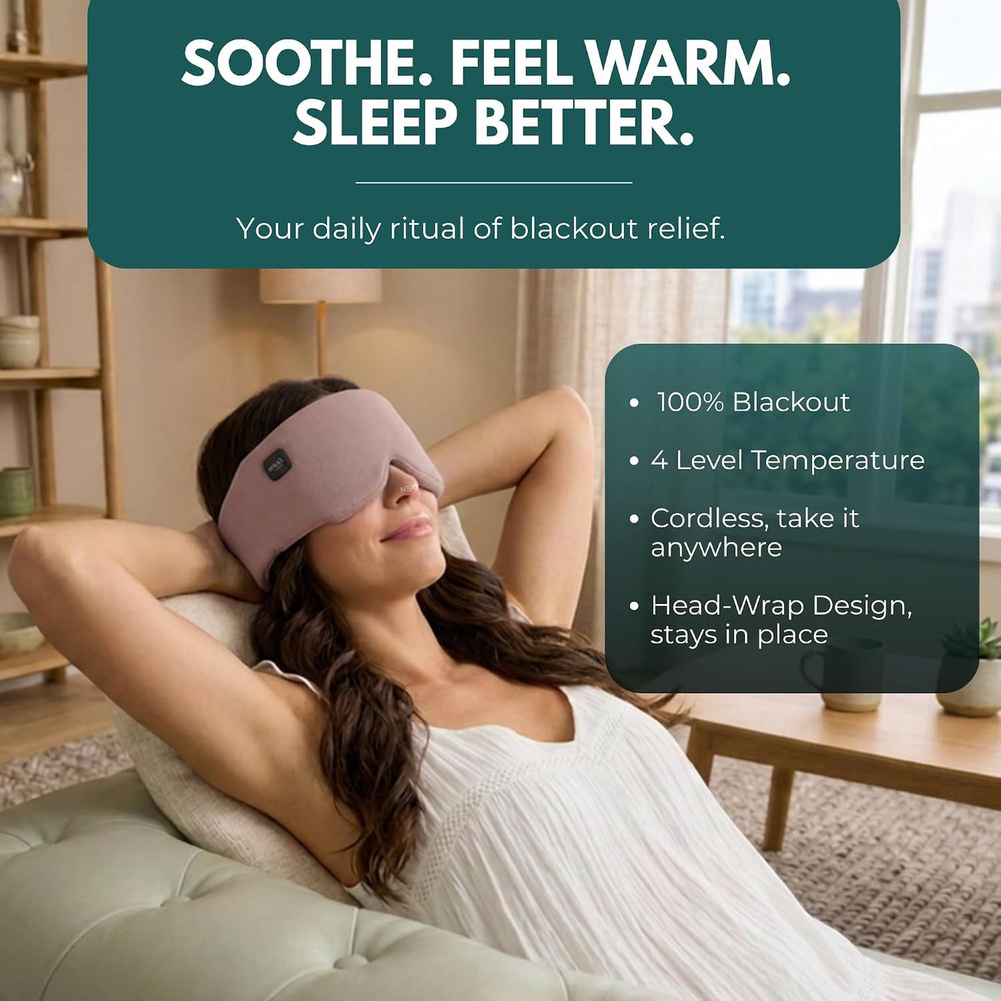 Heated Eye Mask – Cordless Electric Warm Eye Compress for Dry Eyes, Stye & Eye Strain Relief – 4 Heat Settings, Rechargeable, Light-Blocking, Blackout, Washable Cover (Sunset Rose)
