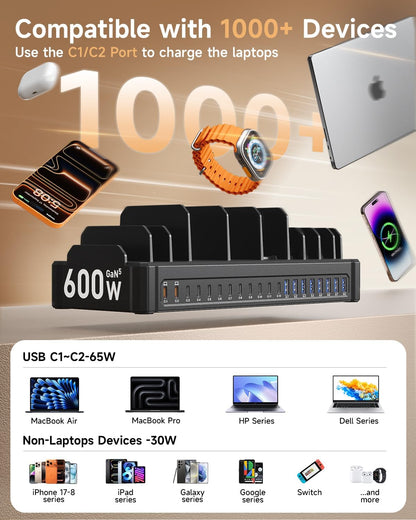 20-Port 600W Moezuti Charging Station for Multiple Devices with 10 Cables