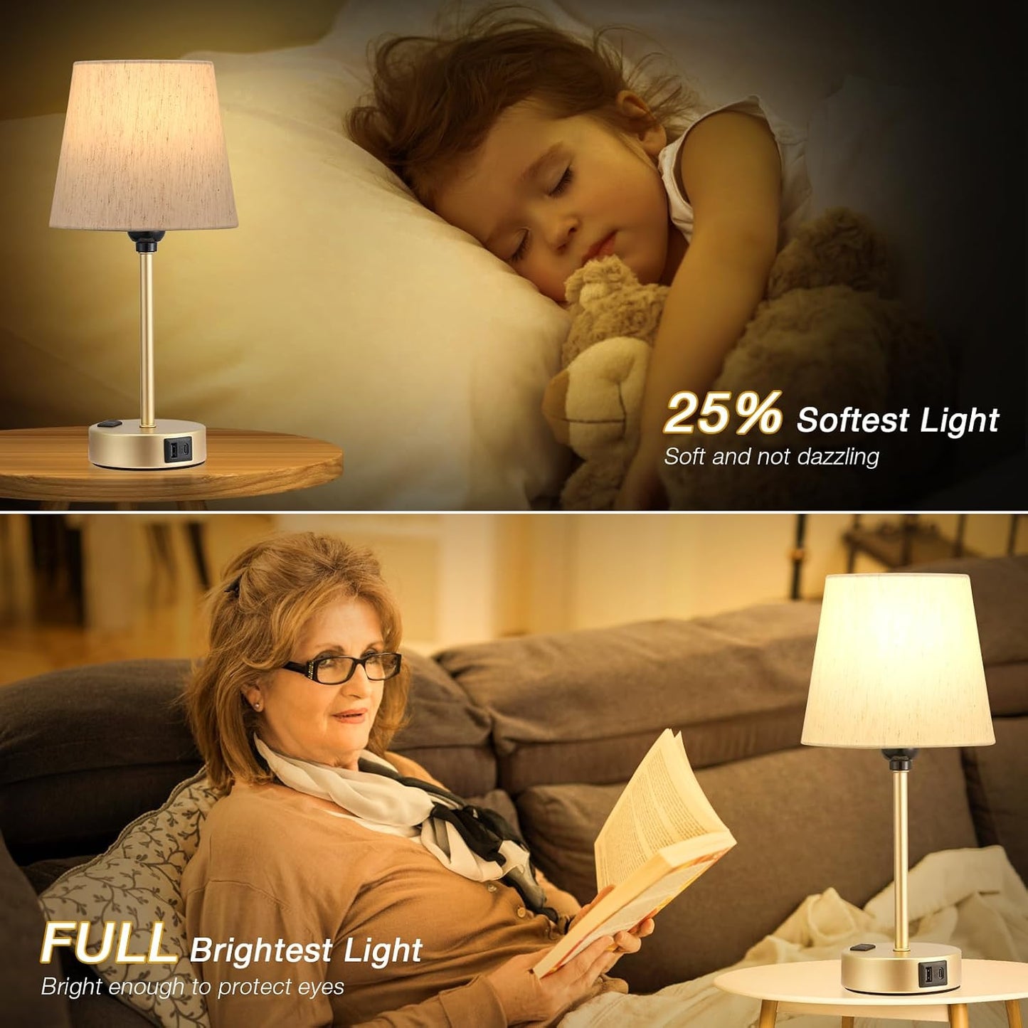 Mini Bedside Lamps for Bedrooms Set of 2 - Nightstand Bedroom Lamps with USB C Port and AC Outlet Charging, Dimmable Touch Small Bed Side Table Lamp, Black Night Stand Light for Kids/Guest Room