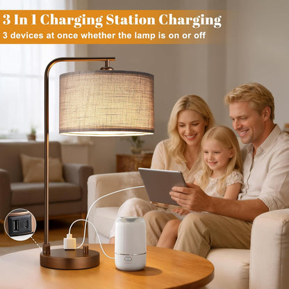 Innqoo Bedside Table Lamps for Bedroom Set of 2-Dimmable Nightstand Lamps with USB Port and Outlet,Modern Gold Lamps with Linen Shade,Tall Desk Lamps for Home Office Bedroom Living Room End Table