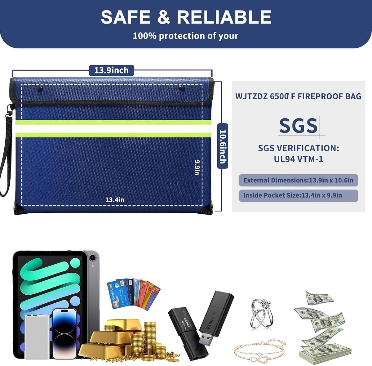 Upgraded Fireproof Money Bag,10 Layers of Heat Insulated Materials 6500°F