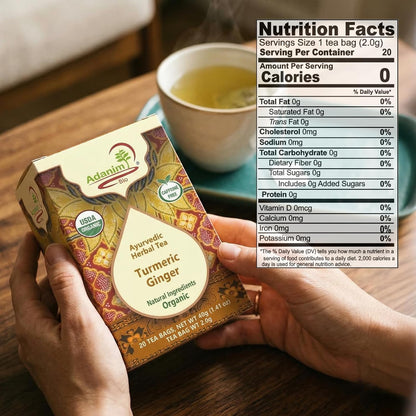 Adanim Bio Organic Turmeric Ginger Herbal Tea Bags Caffeine Free Pure Herbal Blend with Black Pepper USDA Organic Vegan & Kosher 20 Individually Wrapped Tea Bags