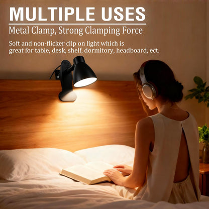 CRI 90+ Eye-Care Clip Light for Reading, 6W Small Clamp Lamp for Desk, Flexible Gooseneck Clip Lamp for Bed Headboard with 3 Color Modes & 10 Brightness(Adapter Include)