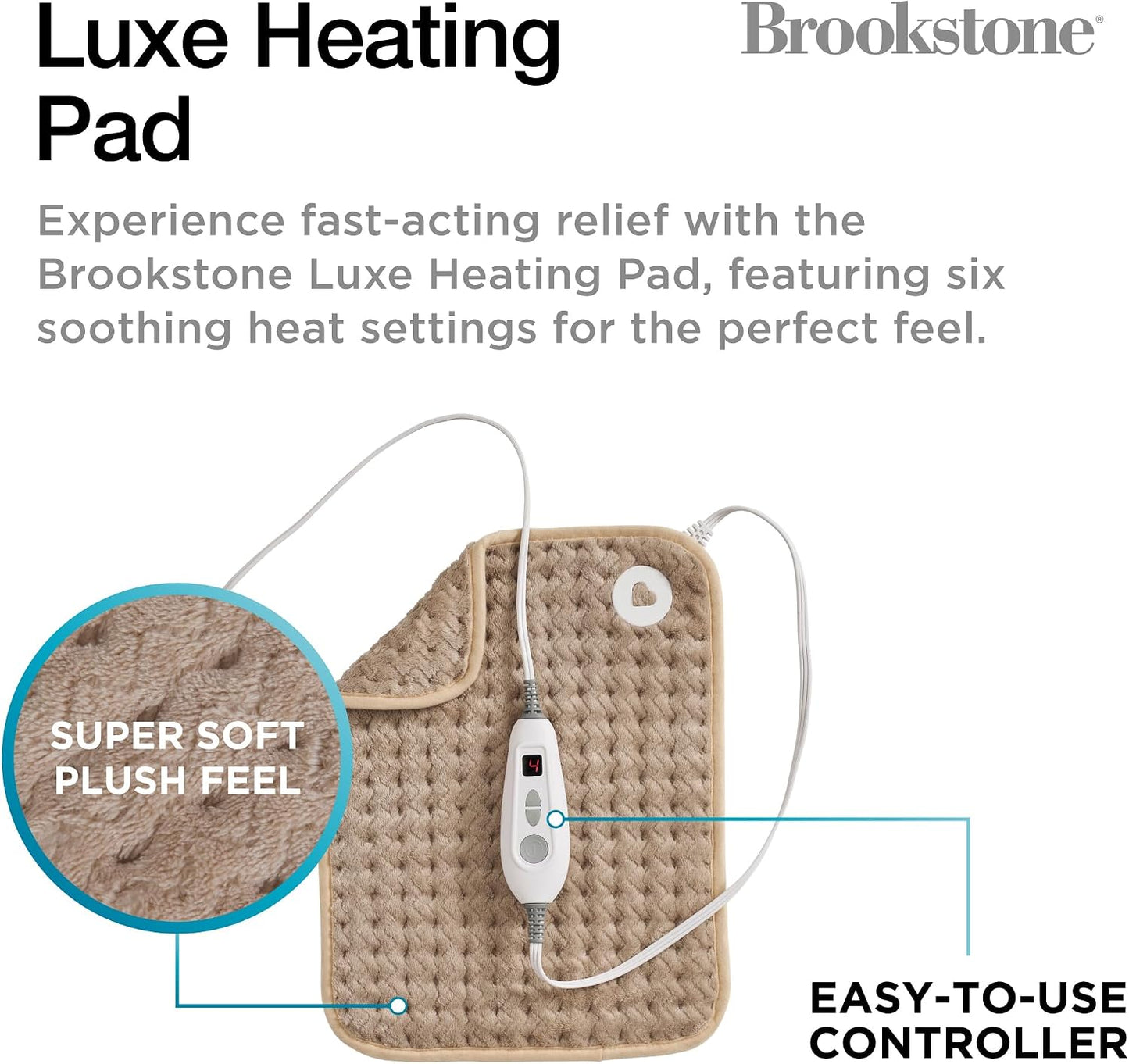 Brookstone Herringbone Portable Heating Pad - Super Soft Plush, 6 Heat Settings, Machine Washable, Easy-to-Use Controller, 16'' x 12'' for Pain Relief, Period Cramps, Warmth (Gray)