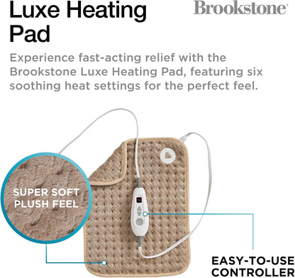 Brookstone Herringbone Portable Heating Pad - Super Soft Plush, 6 Heat Settings, Machine Washable, Easy-to-Use Controller, 16'' x 12'' for Pain Relief, Period Cramps, Warmth (Gray)