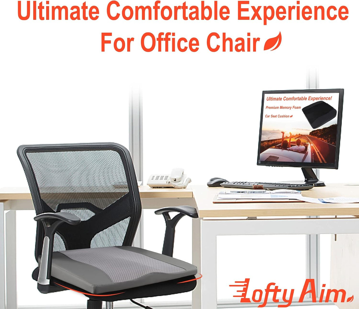Lofty Aim Car Seat Cushion, Comfort Memory Foam Car Cushions for Driving - Sciatica & Lower Back Pain Relief, Driver Seat Pillow for Auto, Office Chair, Wheelchair - Black