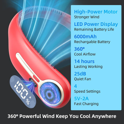 Portable Neck Fan, Personal Wearable Bladeless Fan, 6000mAh USB Rechargeable, 360° Airflow, LED Display, 4-Speeds, Hands Free Fan for Outdoor Indoor, Birthday Gifts for Men Women Dad Mom (Black)