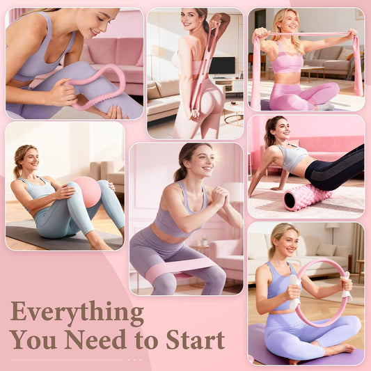 Pilates Ring Kit with 14 inch Magic Circle & Foam Roller, Ergonomic Home Workout Equipment Set, Full Essentials for Women Beginners - Includes Exercise Guide & Storage Bag