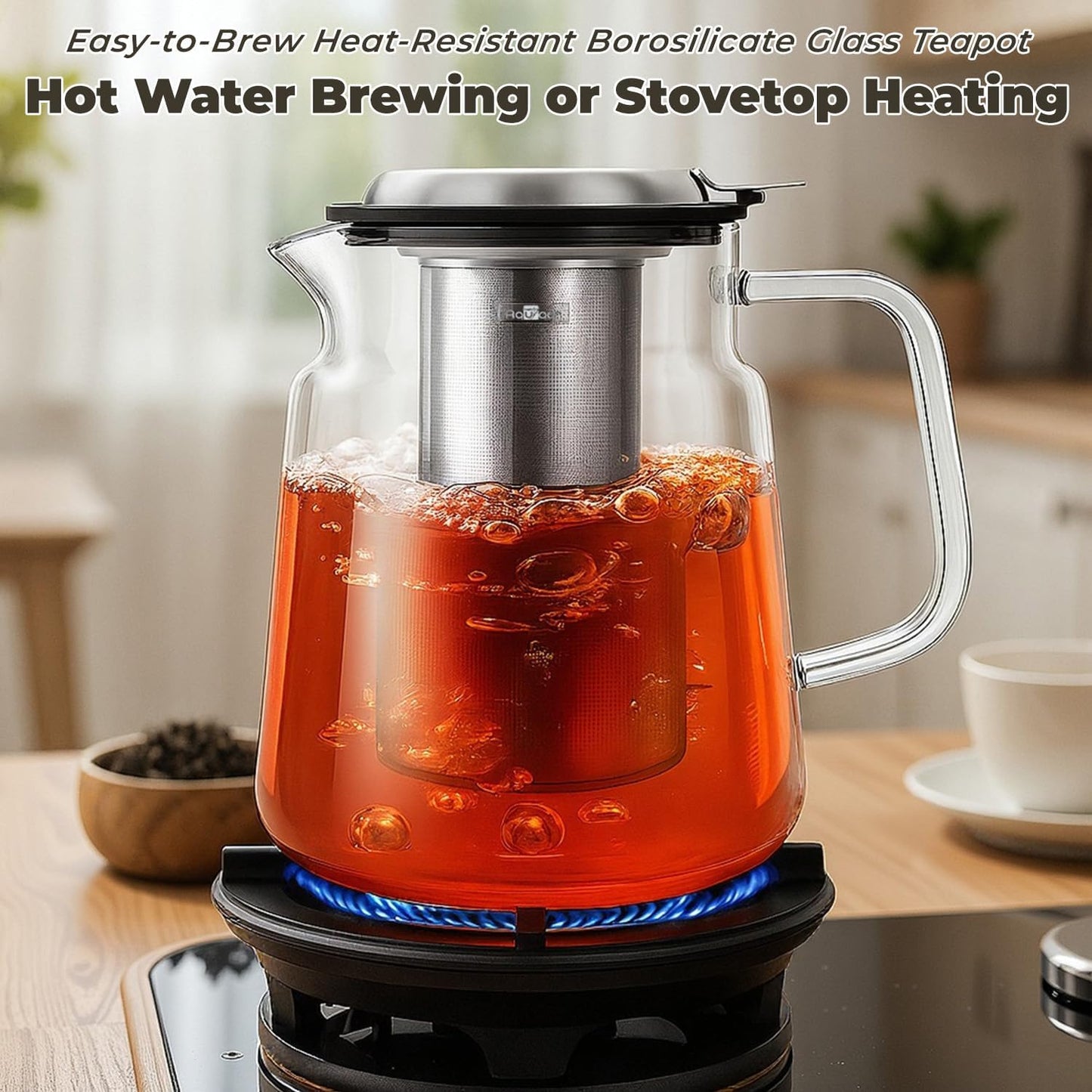 Aquach 51oz Glass Teapot with Infuser, Stovetop Safe Borosilicate Tea Pot | Dishwasher Safe, Plastic-free, Precise Loose Leaf Filter, Easy-clean Opening, Sharing Capacity