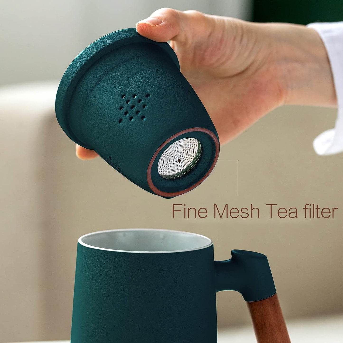 ZENS Embossed Ceramic Tea Mug with Infuser and Lid, 14.5 oz Wooden Handle, Loose Leaf Tea Steeper Cup & Strainer for Tea Lovers Gifts
