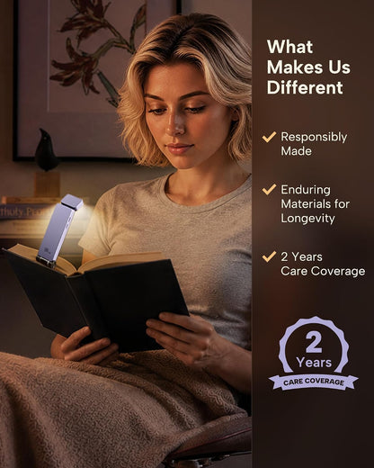 86lux Book Light, Rechargeable Clip-On LED Reading Light for Bed & Night Use - 3 Color Temperatures with Stepless Dimming, Ultralight Bookmark Design for Book Lovers, Grey