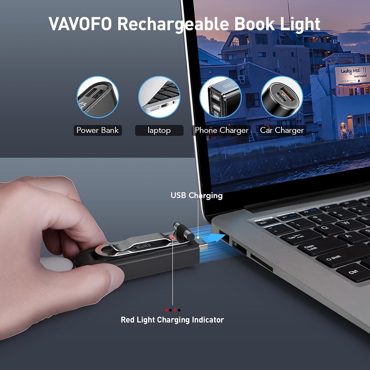 VAVOFO USB Rechargeable Book Light, Blue Light Blocking, Amber Clip-On Bookmark Shaped Reading Light, Eye Care 6 LEDs With 9 Lighting Modes for Bookworms (Grey)