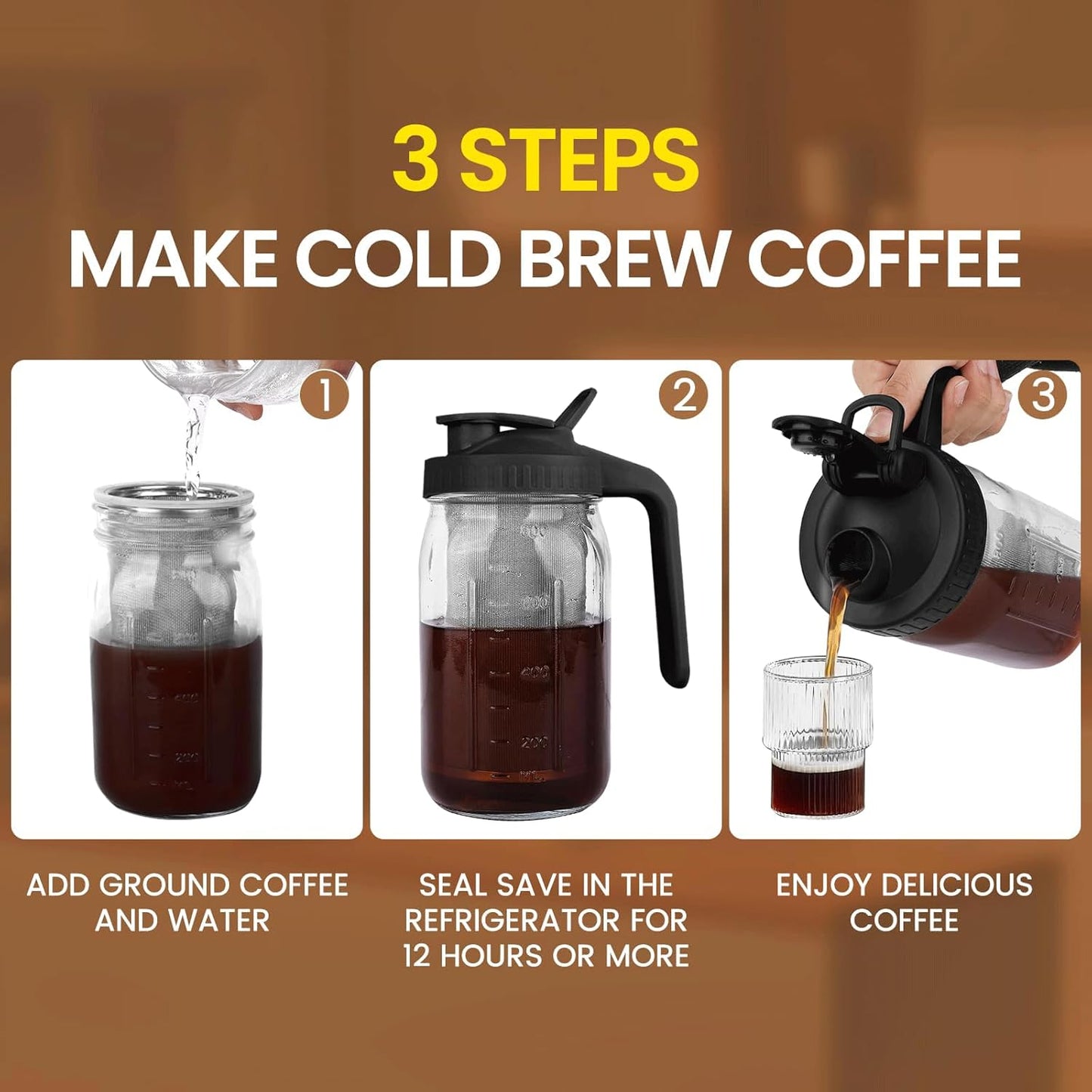 Cold Brew Coffee Maker,64 oz Mason Jar Pitcher with Stainless Steel Filter, Pour Spout Handle Lid, Heavy Duty Glass Airtight & Leak-Proof for Iced Coffee,Tea & Lemonade
