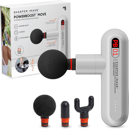 Sharper Image Powerboost Move - Mini Percussion Massage Gun| 4 Attachments, 4 Speeds, FSA Eligible| Full Body Back & Shoulder Massager| Deep Tissue Muscle Recovery| Portable Pain Relief Massage Tool