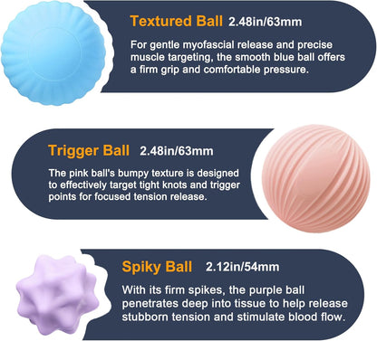 Silicone 3-Piece Massage Ball Set - Peanut, Textured and Spiky Lacrosse Balls to Relieve Tension,Muscle Knots & Plantar Fasciitis with Deep Tissue Release for Foot,Back,Hip,Arm & Legs
