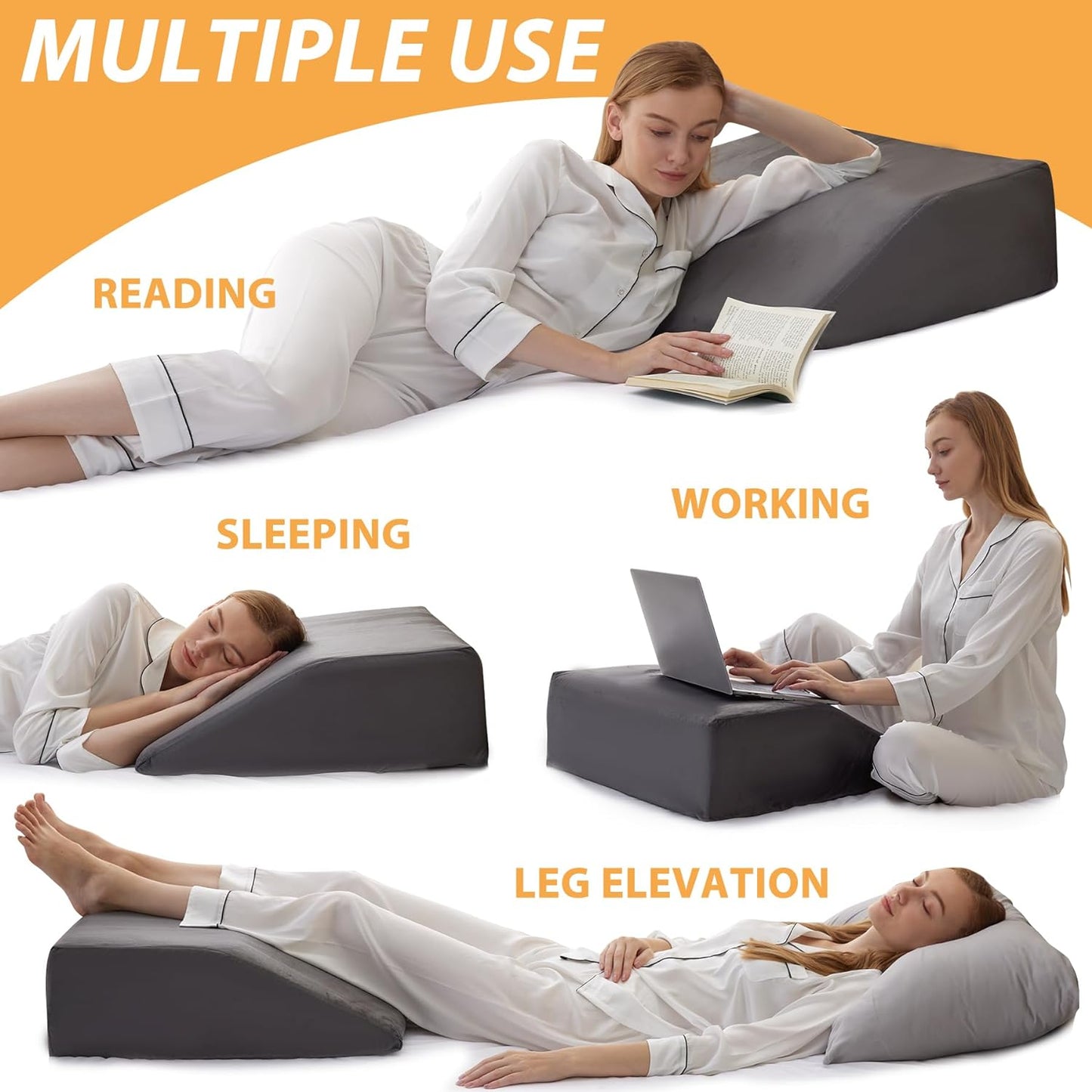 Bedluxe Leg Pillow Elevation Blood Circulation, Wedge Pillow for Legs Swelling, Leg Elevating Wedge Pillow for After Surgery, Foot Knee Pillow for Leg Rest, Sleeping, Memory Foam Top, 8in, White/Grey