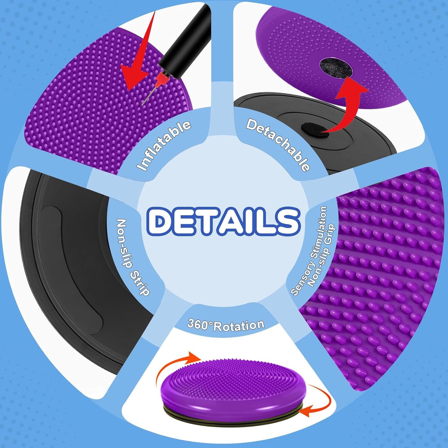 Wiggle Seat Cushion,Fimeetoy Sensory Spinning Chair,ADHD Tools for Kids,Flexible Seating Classroom & Home,Inflatable Wobble Balance Disc-Blue