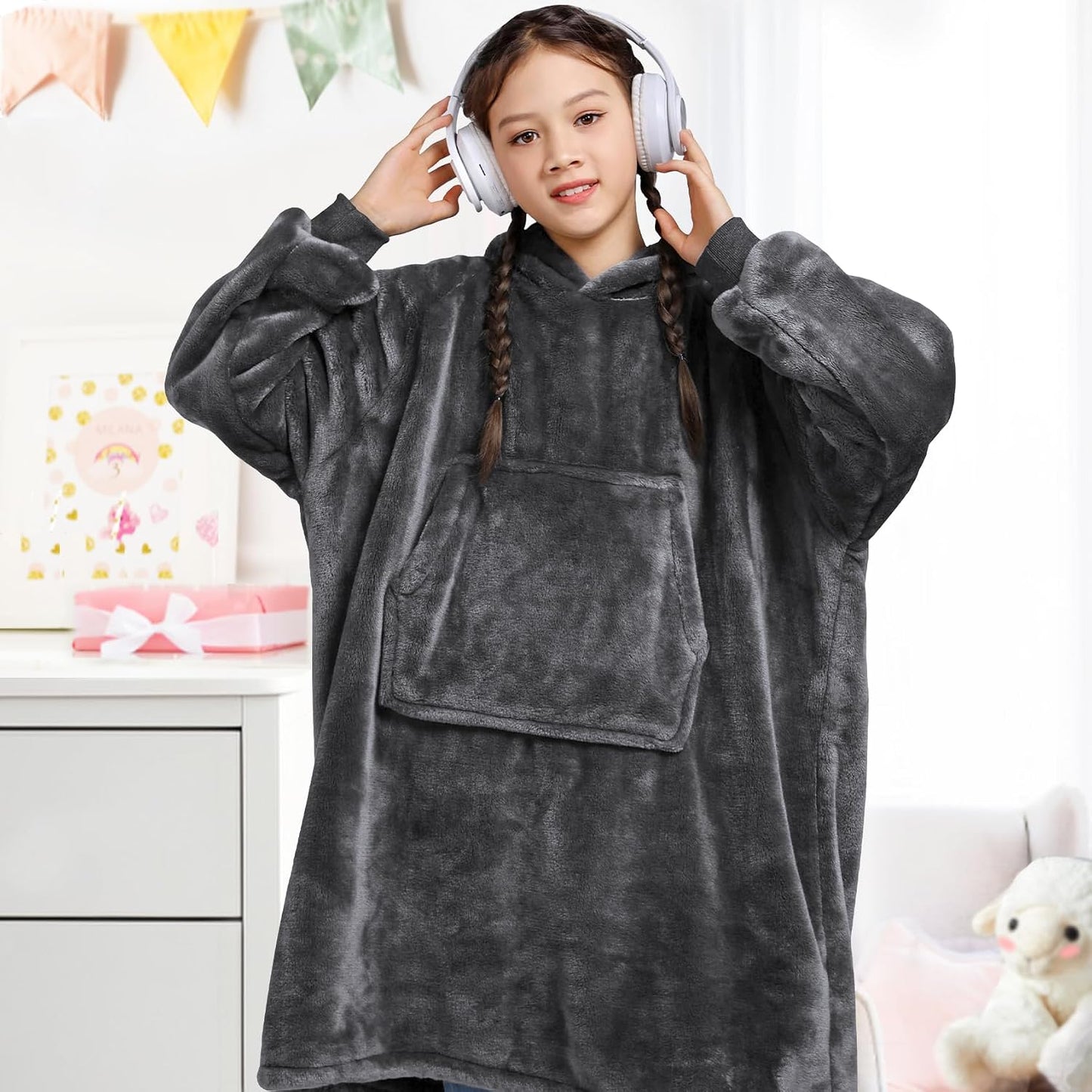 Waitu Wearable Blanket Sweatshirt Gifts for Women and Men, Warm and Cozy Giant Blanket Hoodie, Thick Flannel Blanket with Sleeves and Giant Pocket - Dark Gray