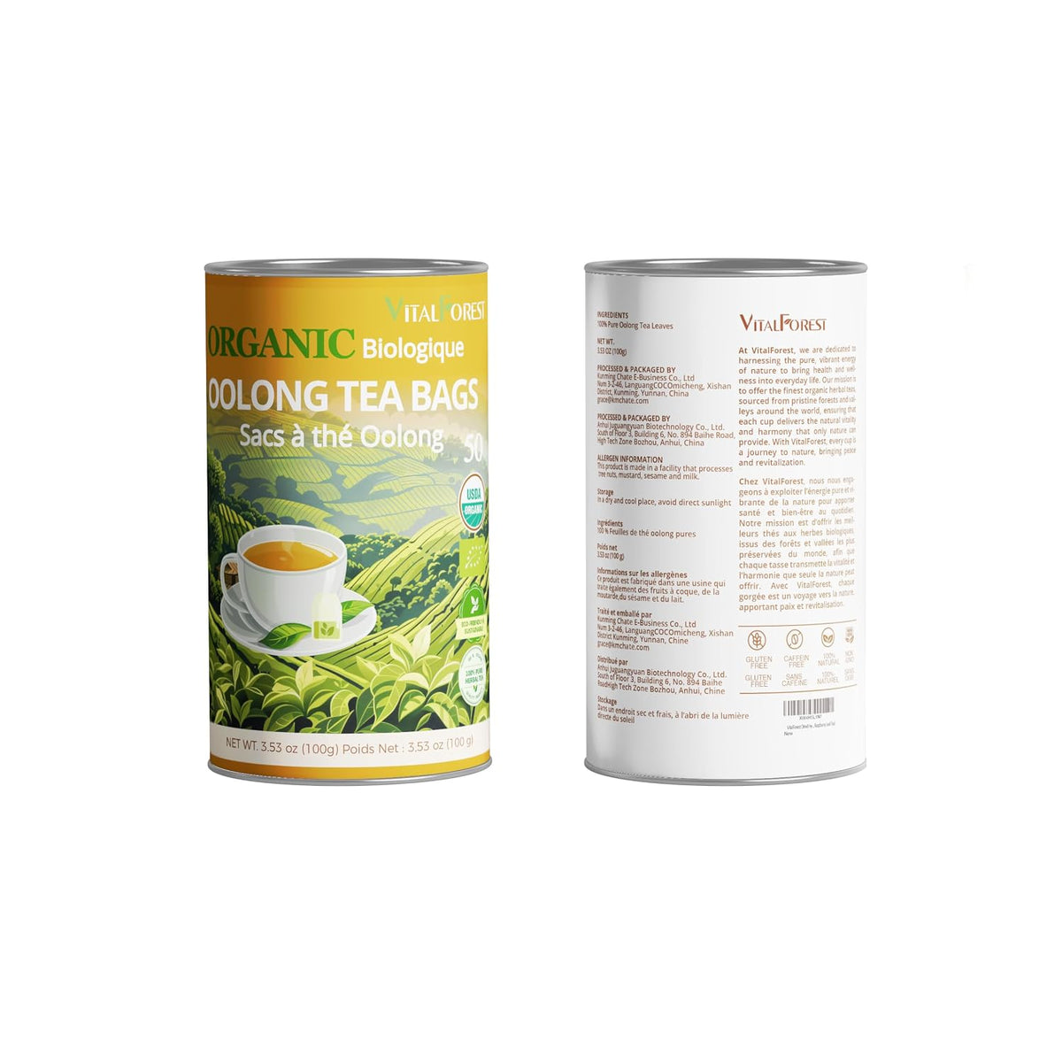 Organic Oolong Tea Bags, 50 Count, Unbleached, ECO-Conscious Chinese Oolong Tea, VitalForest High Mountain Tea Tie Guan Yin, Non-GMO, Container Pack for Gift Set