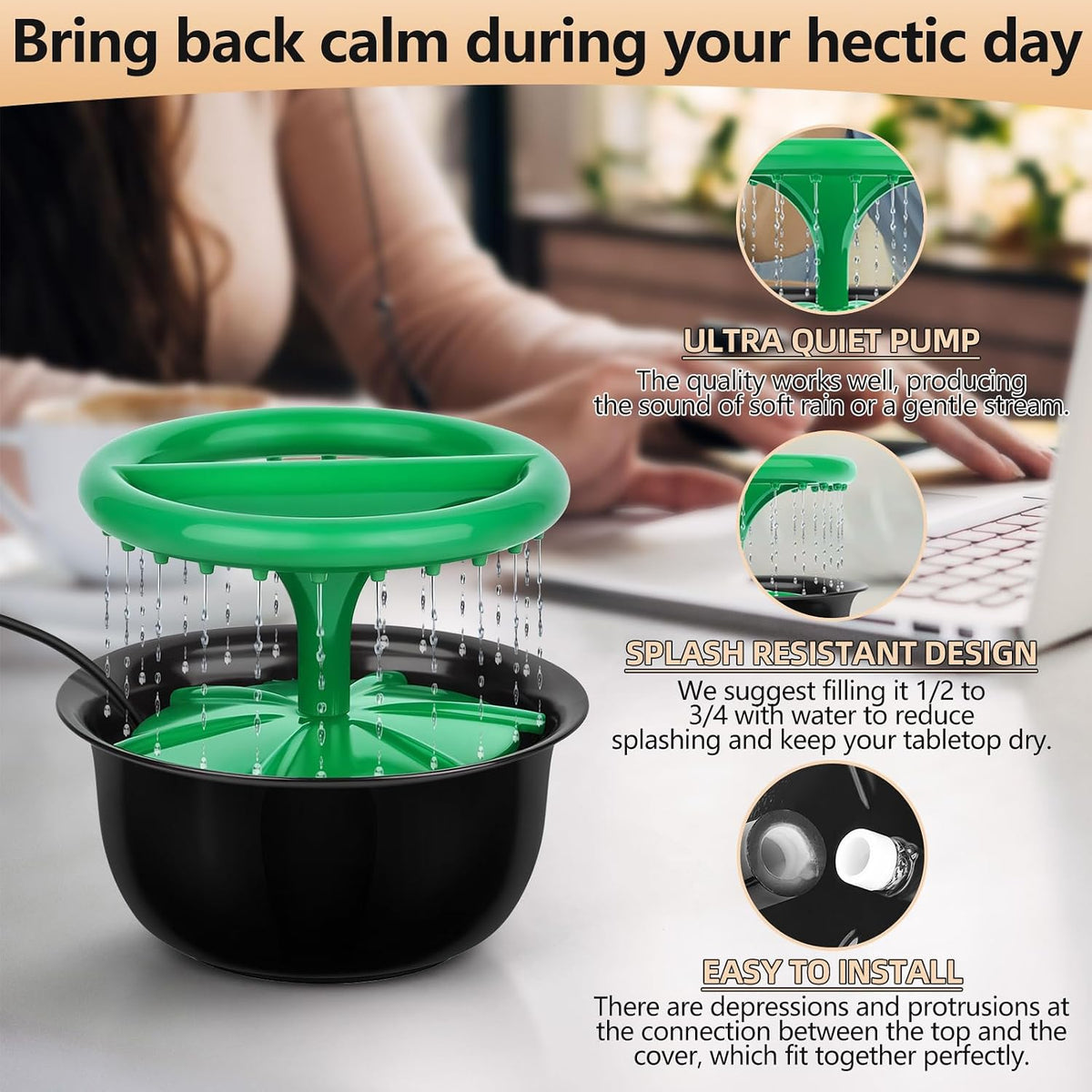 Tabletop Fountains Indoor, Great Gift for Christmas, Small Desk Waterfall Fountain for Living Room/Office Zen/Home Décor, Aluminum Die Casting Pot, Green