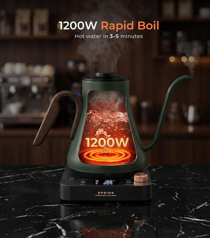 Epeios Electric Kettle, Gooseneck Electric Kettle with ±1°F Temperature Control, 1200W Rapid Heating for Pour Over Coffee & Tea, 304 Stainless Steel Interior, Auto Shut-Off, 0.9L, Black