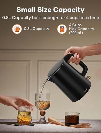 Small Electric Kettle, 0.8L Water Boiler & Heater, 1000W Hot Tea Pot, Double Wall Stainless Steel Cool Touch, Mini Coffee Kettle with Auto Shut Off & Boil Dry Protection, BPA-Free, Black