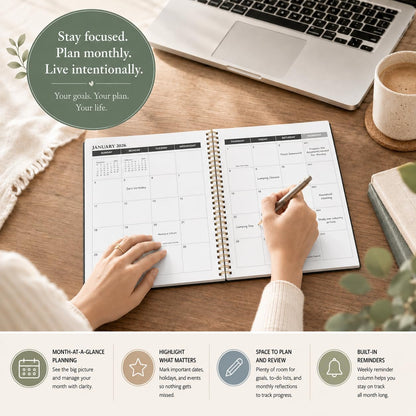 KMQOY Monthly Planner 2026-2027, 2026 Calendar 24 Months Planner, Jan 2026 - Dec 2027, 7.5"x10", Personal Calendar with Monthly Goals, To-Do List, Habit Tracker, 2 years for School Office Home Planning(Black)