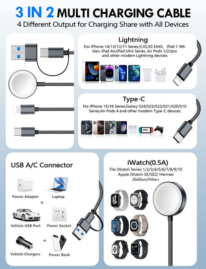 Travel Essentials for Apple Watch Charger,3-in-2 Multi Charging Cable