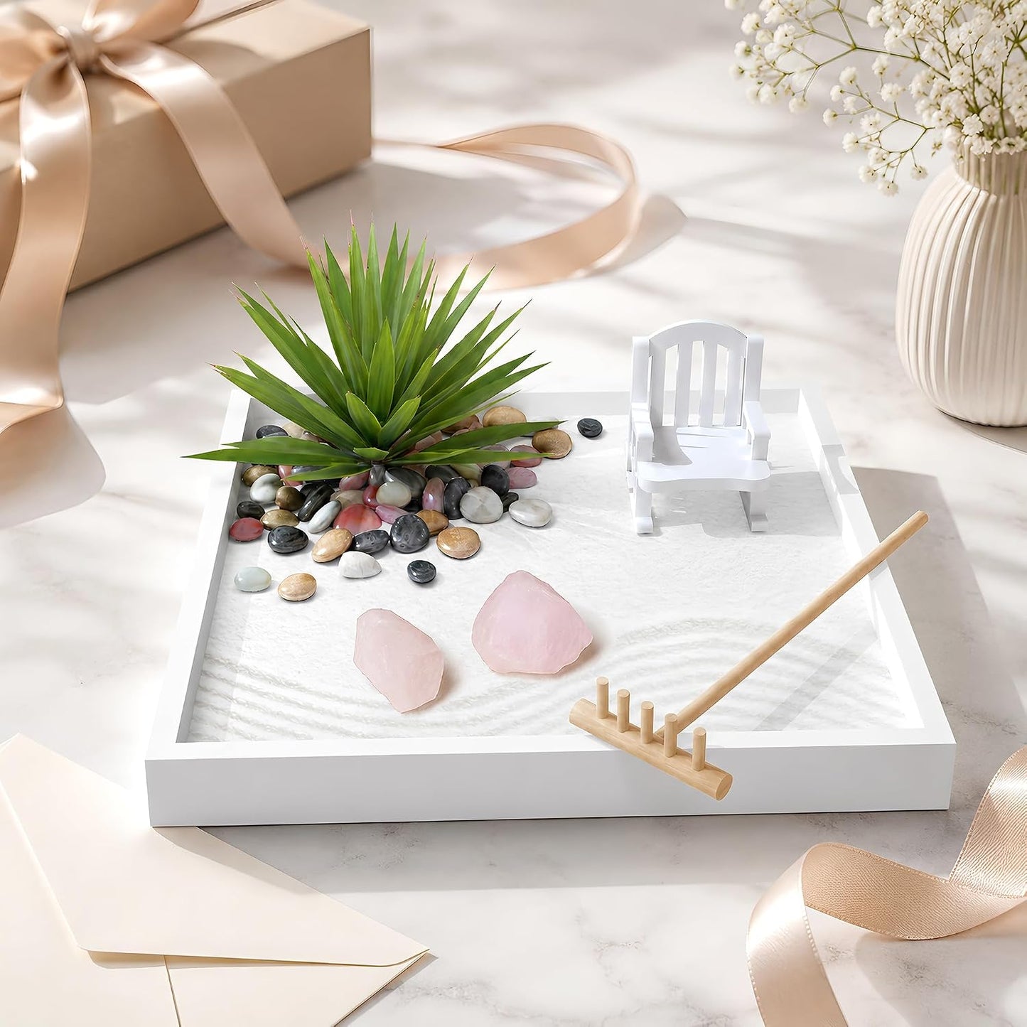 Zen Garden for Desk – White Modern Style with Healing Crystals and Sand Rake, Perfect for Home, Office, and Desktop Decor, Meditation and Stress Relief