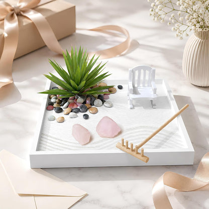Zen Garden for Desk – White Modern Style with Healing Crystals and Sand Rake, Perfect for Home, Office, and Desktop Decor, Meditation and Stress Relief