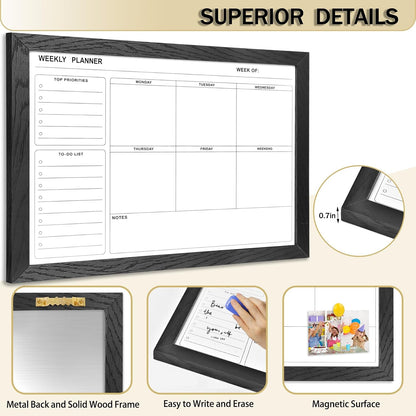 White Board Weekly Calendar Dry Erase Planner for Wall-16"X12",Black Solid Wood Frame,Minimal/Modern Design, Magnetic Whiteboard Planner for to Do List, Memo, School, Home, Office, Kitchen