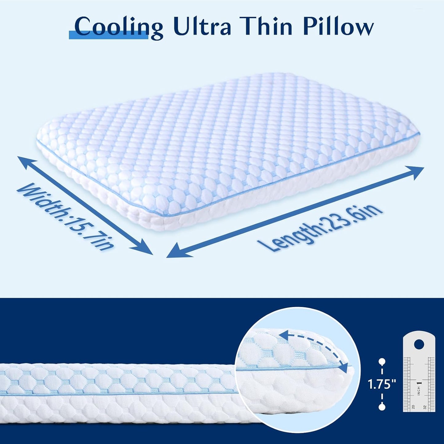 Thin Pillow for Sleeping, Cooling Gel Flat Pillow for Stomach and Back Sleepers, Ultra Slim Stomach Sleeping Pillows for Shoulder Neck Pain Relief, Low Profile Memory Foam Pillows 2.25-inches