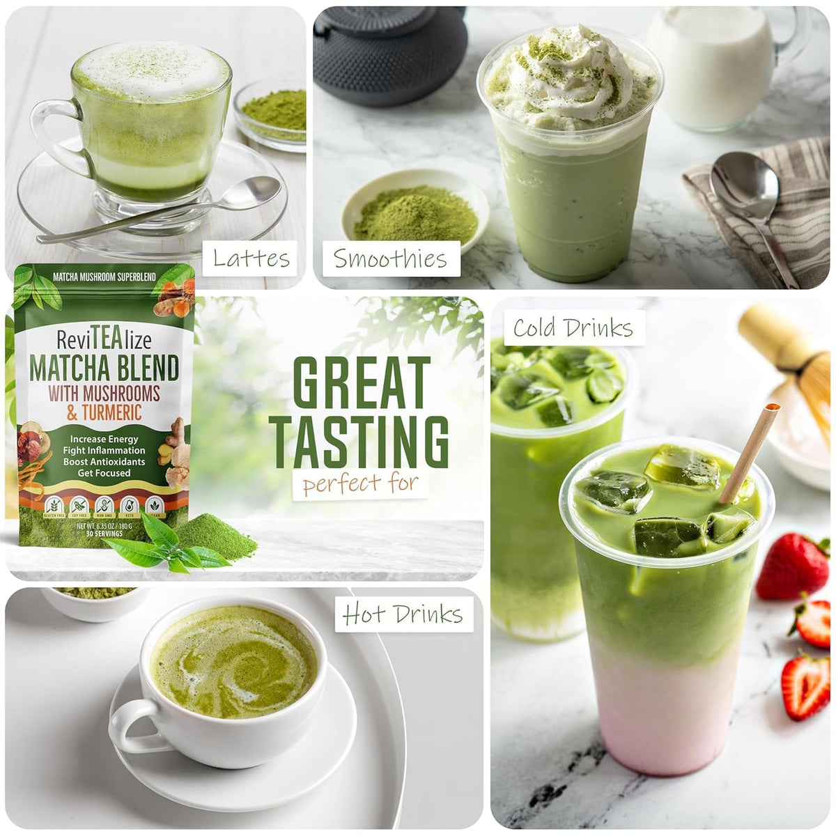 ReviTEAlize Mushroom Matcha Powder, Ceremonial Grade Matcha Powder 30 Svgs