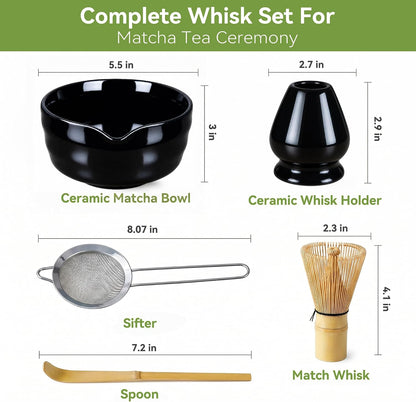 Matcha Whisk Set with Ceramic Bowl - Complete Matcha Making Kit, Bamboo Whisk (Chasen), Whisk Holder, Matcha Powder Sifter, Scoop, Japanese Tea Ceremony Tools（Green）