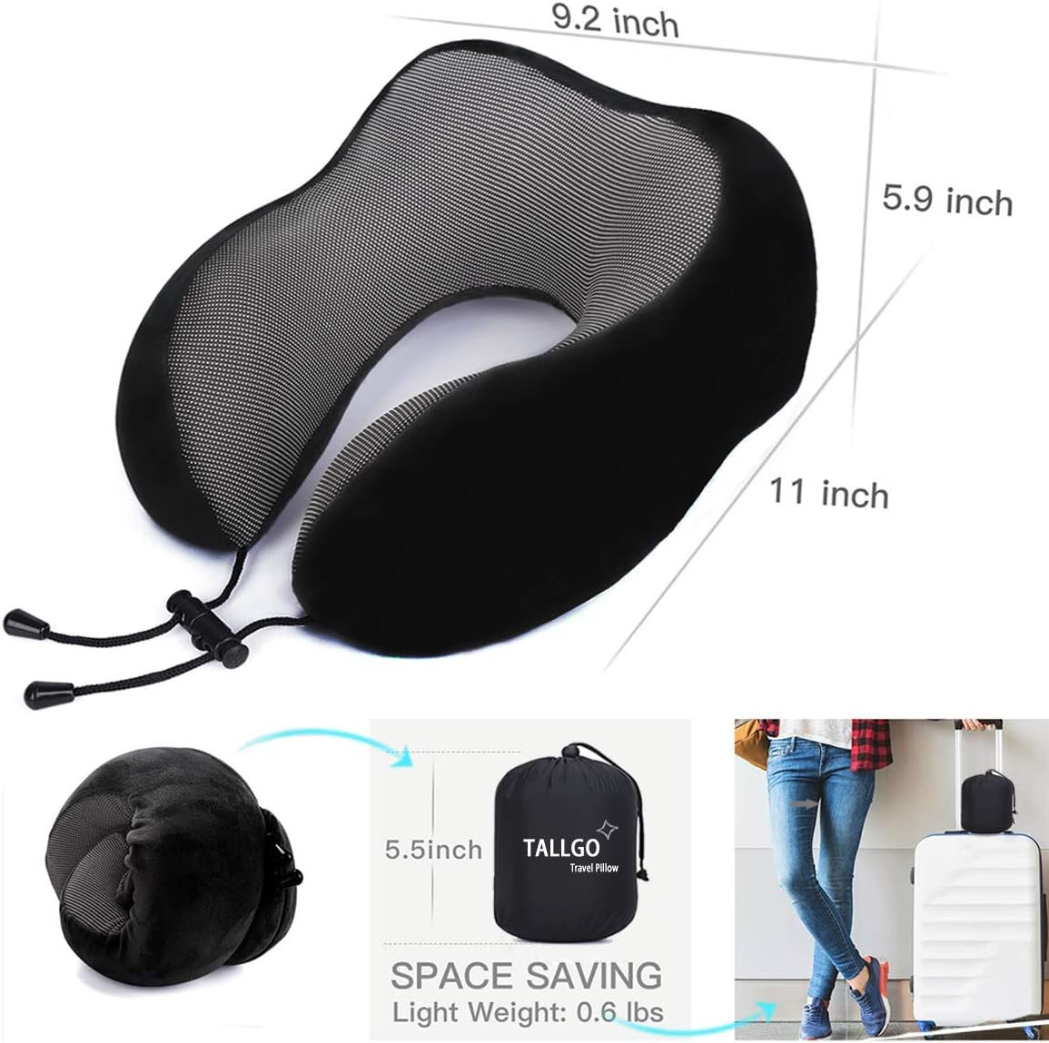 TALLGO Travel Pillow, Best Memory Foam Neck Pillow Head Support Soft Pillow for Sleeping Rest, Airplane Car & Home Use (Black)