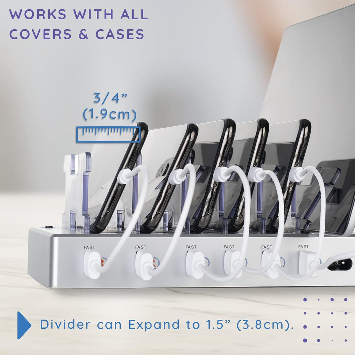 Fast Charging Station for Multiple Devices, 6-Port USB Charging Dock White