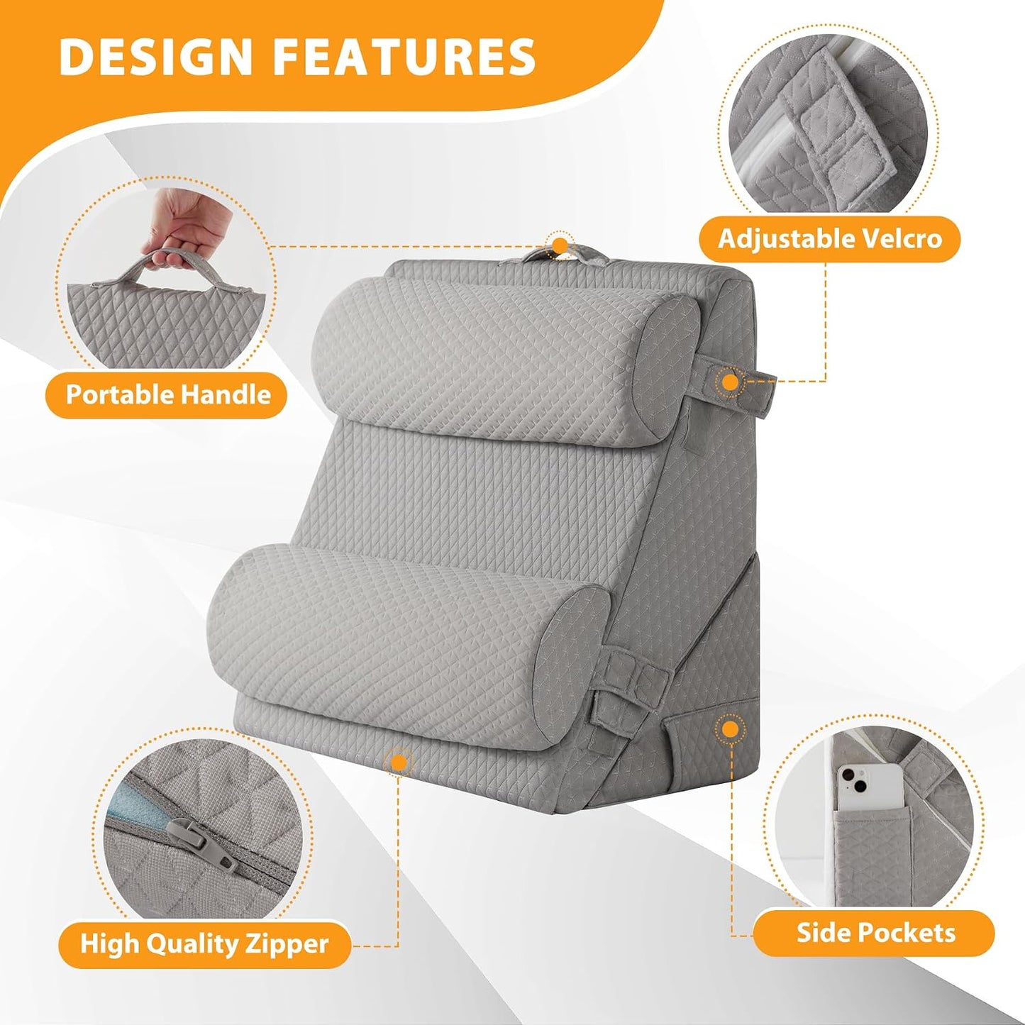 Ruqmuis 3PCS Wedge Pillow Set for After Surgery, Adjustable 9&12 Inch Bed Wedge Pillow for Sleeping, Incline Pillow Wedge for Headboard, Post Surgery, Acid Reflux, Neck&Back Support, White/Grey
