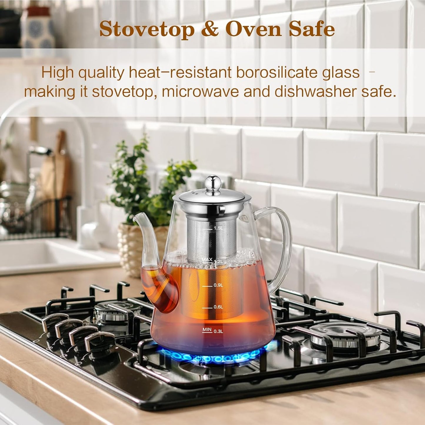 Glass Teapot, 1200ml (40oz) Tea Pot with Infuser for Loose Tea and Blooming Tea, Stovetop Safe Tea Kettle, Hand Crafted Borosilicate Glass Tea Maker with Scale Line, Tea Gift Set for Tea Lovers